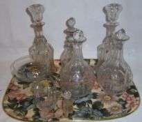 Sel. decanters, glass tazza & matching jug