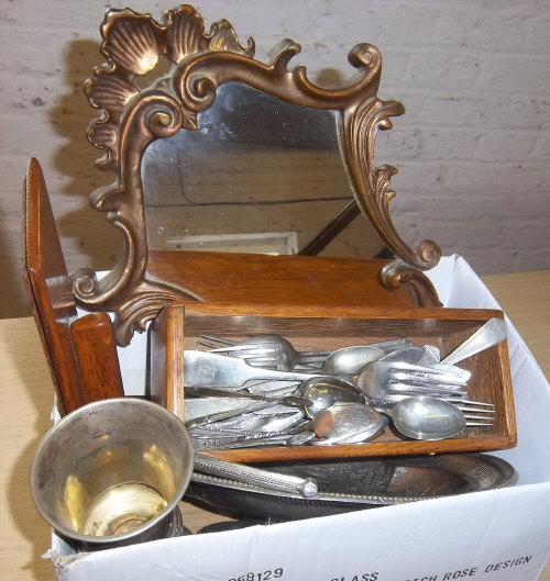 Sel. S.P inc. pierced basket, cutlery & decorative mirror