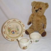 Sm. golden plush teddy bear with bell in left ear, Bunnykins ceramic bowl & nursery milk jug & sugar