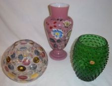 2 Bohemia glass vases & pink cased glass vase with hand-painted enamel decoration