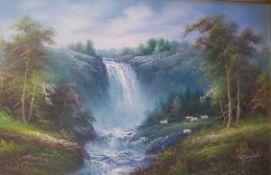 Lg. gilt framed oil on canvas depicting waterfall