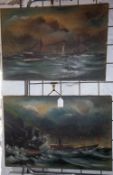 Pr of unframed oils on canvas depicting Grimsby trawlers at sea, one signed W Dowden size approx