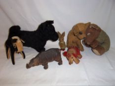 Wood wool filled dog, hand made felt rabbit & elephant, velvet horse, 2 soft toy dogs & rhino figure