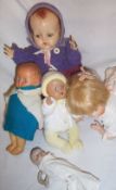 Pedigree plastic doll, small bisque doll with bottle (no legs) & sm. rubber doll