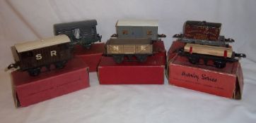 6 Hornby O gauge tinplate wagons inc. No1 milk traffic van, goods van, brake van, lumber wagon, flat