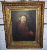 Gilt framed oil on board depicting self portrait after Rembrandt by R Wilson size approx. W. 28.