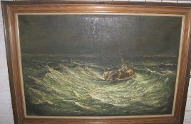 Framed oil on canvas depicting nautical scene of ship in distress, signed by the artist A.Allan (