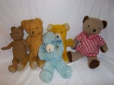 Dean`s Rag Book dog, wood wool teddy bear, Rushton bear & 2 musical teddy bears