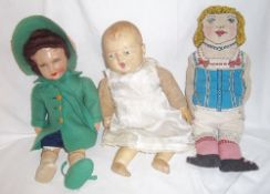 Cloth doll with painted fabric face, cloth baby doll with rubber head, hands & legs & printed cotton