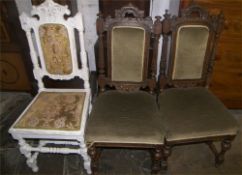 2 oak chairs with 1 similar painted chair