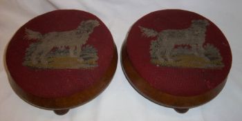 Pr of Vict. footstools with embroidered upholstery depicting gun dogs