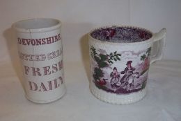 Sunderland creamware mug with boy on a donkey design & creamware pot `Devonshire Clotted Cream Fresh