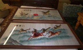 Pr large framed Chinese silks depicting horses and birds of prey