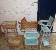 Dolls high chair, dolls swinging cradle, wicker rocking dolls cradle, trolley & wicker cradle on