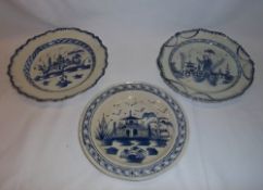 3 blue painted late 18th c. pearlware plates with Chinese pagoda pattern