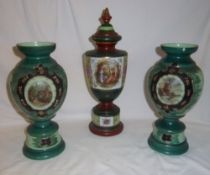 Pr of green opaque glass vases with transfer & hand-painted dec. & green opaque glass lidded vase