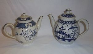 2 blue painted late 18th c. pearlware teapots & lids with chinoiserie patterns