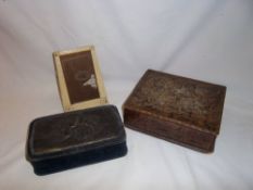 Lacquered box with cherub dec. velvet covered box with panel to lid depicting Joshua Reynolds `