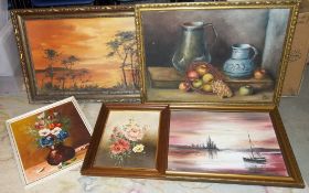 Sel. gilt framed oil paintings of still life & landscapes