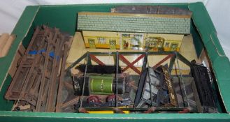 Sel. Hornby O gauge tinplate inc. station, loco, wagons, bridge etc.