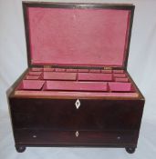 19th c. mah. sewing box with integral segmented tray and lower drawer, ivory escutcheon & brass ring