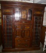 Edw. inlaid mah. cabinet / wardrobe with later leaded panels