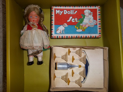 Continental clockwork doll, ``My Doll`s Set`` & boxed miniature plastic champagne set