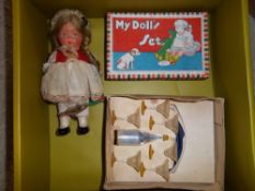 Continental clockwork doll, ``My Doll`s Set`` & boxed miniature plastic champagne set