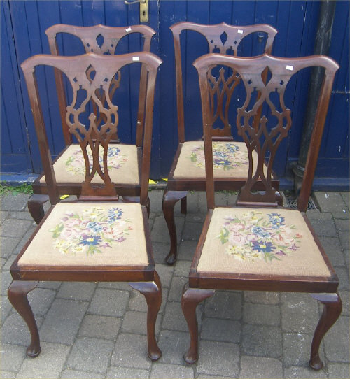 4 Geo. style high back dining chairs with embroidered seats