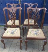 4 Geo. style high back dining chairs with embroidered seats