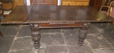 Lt. Vict. oak draw leaf table with heavily carved Jacobean style legs, total length extended approx.