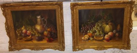 Pr gilt framed oils on canvas depicting still life signed H.F. Borton size approx W. 49cm x 39cm