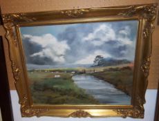 Gilt framed oil on canvas of countryside scene signed L.R. Treacher size approx. W. 49cm x H. 49.5cm