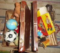 2 sm. suitcases containing tinplate globes, Chad Valley football money box, Sonni clown with