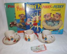 4 Pinky & Perky books, 2 mugs, saucers, jug & handkerchief