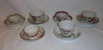 6 polychrome painted pearlware tea bowls & saucers in differing flower patterns including a Don