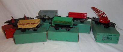6 Hornby O gauge wagons `Side Tipping Wagon`, `Crane Truck`, `Hopper Wagon`, `Lumber Wagon`, `Gas