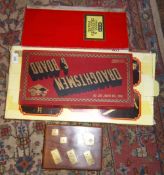 Merit chess board, draughtsmen & board, wooden game box with brass domino inlay containing