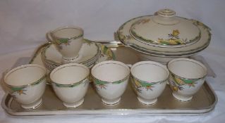 6 Crownford Burslem Art Deco tea cups & saucers, cake plate & 2 lidded tureens