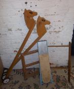 2 wooden hobby horses, 2 childrens toy clothes horses & childs ironing board