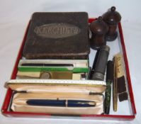Sel. pens, box with silver `Kerchiefs` mount, sm. silver photograph frame etc.