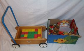 Wooden baby walker trolley & plastic bricks, metal drum, wind up telephone, 2 wooden abacus, 2