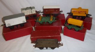6 Hornby tinplate O gauge wagons inc. refridgerator van, side tipping wagon, brake van, low sided