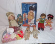 Rosebud doll in original box, fabric dolls, dolls clothes etc.