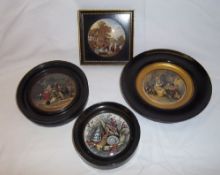 4 framed pot lids `Grace Before Meals`, `Fording The Stream`, `The Best Card` & shells