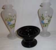 Pr glass vases with painted floral dec. & black glass bowl