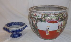Oriental jardiniere & blue & white two handled bowl