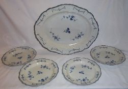 Lg. blue painted late 18th c. pearlware meat plate in Queen`s Blue pattern with 4 matching plates