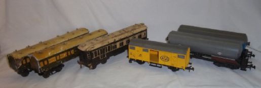 2 Lima O gauge tankers, Lima O gauge box van, 2 wooden O gauge coaches & O gauge tinplate coach