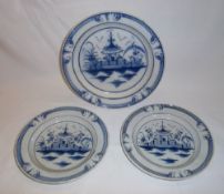 3 blue painted late 18th c. pearlware plates with differing chinoiserie patterns